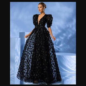Griffniseti Floral Tulle Puffy Sleeve Formal Gown, Women's Size XL - Black
